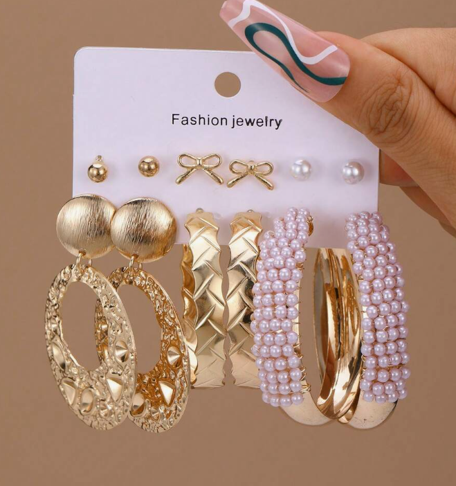 6 Pairs Combination Exaggerated Faux Pearl Bow Hoop Earring (10 Sets)