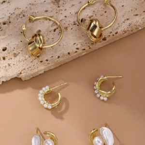 3 Pairs Elegant Faux Pearl Metal Hoop Earring Set (10 Sets)