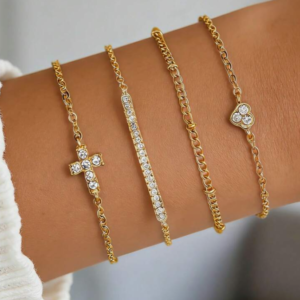 4pcs Fashionable Rhinestone Cross & Heart Decor Multilayer Bracelet Set (10 Sets)