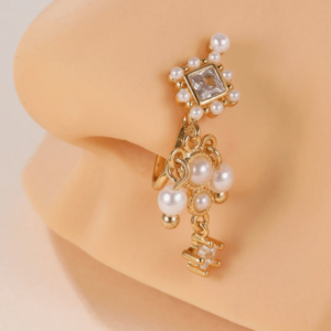 Clear Charm Copper Geometric Diamond Shaped Tassel & Faux Pearl Decor Nose Ring (10 Pieces)