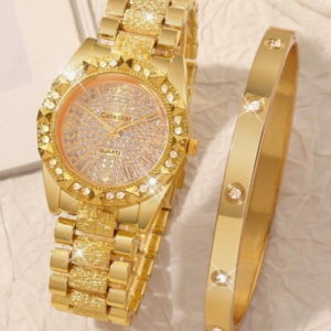 Fashionable Luxury Sparkling Diamond Round Steel Band Quartz Watch & Bracelet Set (10 Sets)
