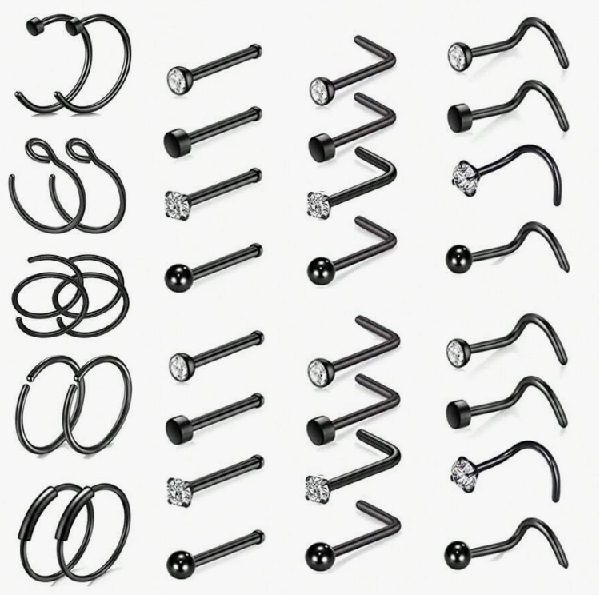 sj2310272502858082 black 34pcs Stainless Steel Nose Studs & Ring Combo Set (10 Sets/Colors) - Image 4