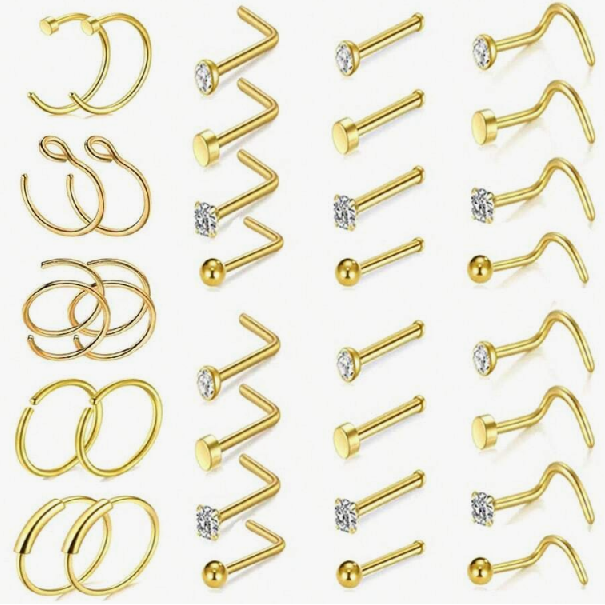 sj2310272502858082 gold 34pcs Stainless Steel Nose Studs & Ring Combo Set (10 Sets/Colors)