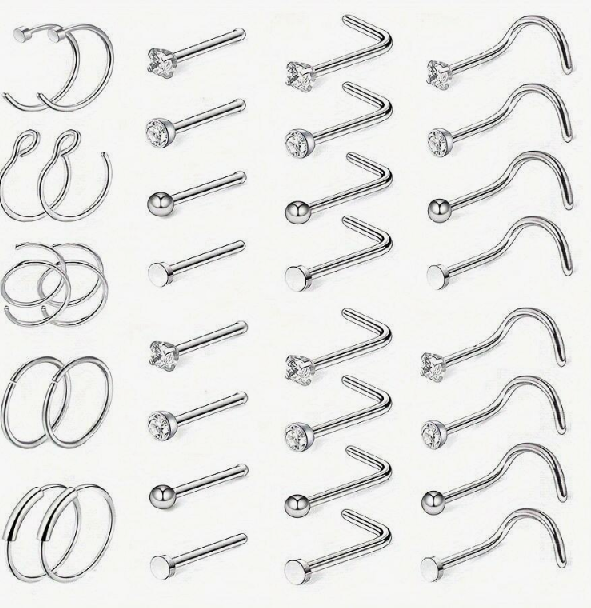 sj2310272502858082 silver 34pcs Stainless Steel Nose Studs & Ring Combo Set (10 Sets/Colors) - Image 2