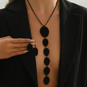 2pcs/set Black Contemporary Metal Geometric Asymmetrical Oval Pendant Necklace and Earring Set (10 Sets)