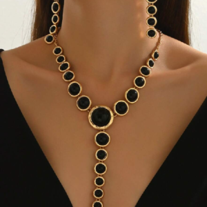 2pcs/set Fashionable Geometric Round Smooth Metal Inlaid Black Oval Acrylic Pendant Necklace & Earring (10 Sets)