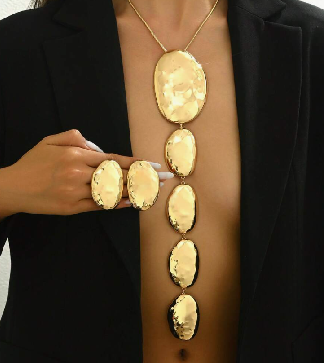 sj241118811898118 gold 2pcs/set Metallic Geometric Asymmetrical Hammered Texture Pendant Necklace (10 Sets)