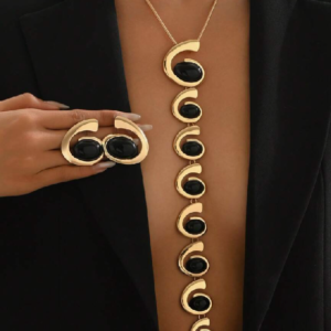 2pcs Metal Geometric Asymmetrical Spiral Smooth Black Oval Acrylic Oversized Extra Long Pendant Necklace & Earring Set (10 Sets)