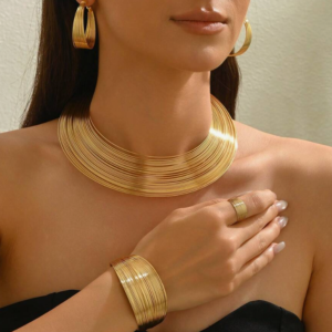 Multi-Layer Geometric Round Gold Jewelry Set - Necklace, Bracelet & Earring (10 Sets)