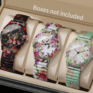 3pcs/set Women's Floral Print Elastic Band Dial Quartz Watch (10 Sets)