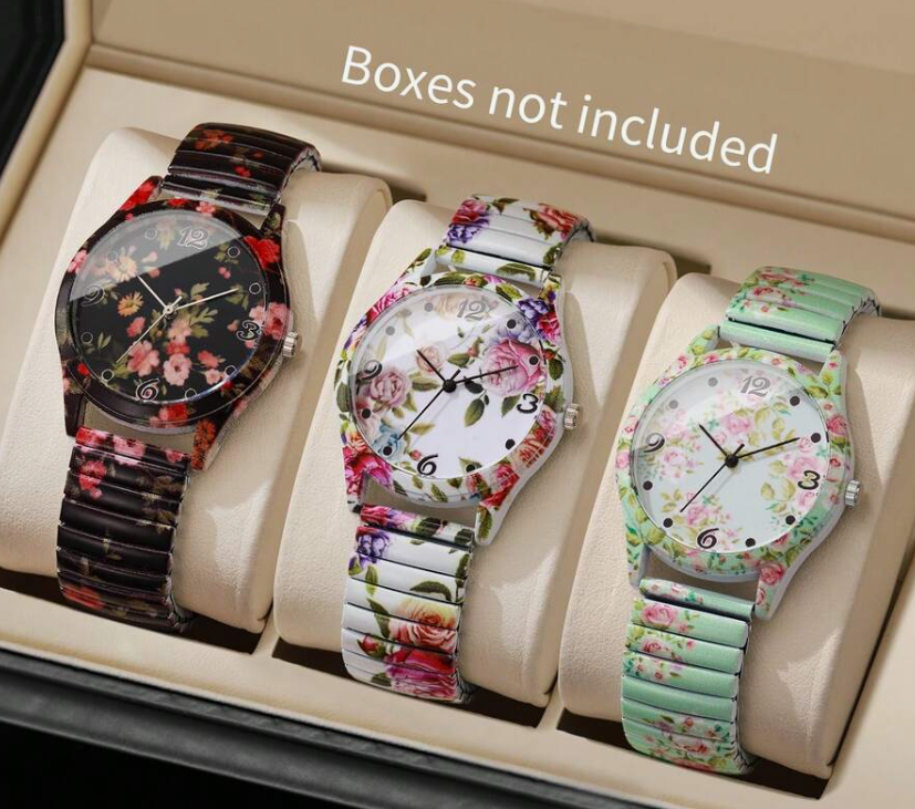 sj25070349691611911 3pcs/set Women's Floral Print Elastic Band Dial Quartz Watch (10 Sets)