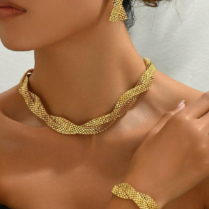 18K Plated 4pcs Minimalist Hollow Out Wide Necklace, Earring  and Bracelet Jewelry Set (10 Sets)