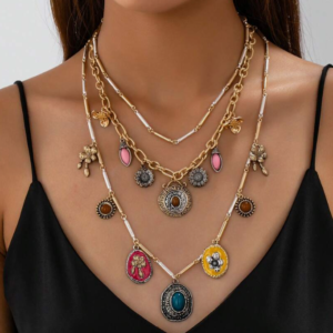 Fashionable Multi-Layer Retro Floral Dopamine Color Necklace (10 Sets)